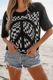 Black Checkerboard Peace Sign Printed Round Neck T Shirt