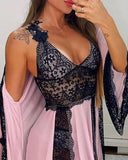 Lace Mesh Backless Babydoll With Robe