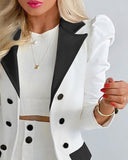 Puff Sleeve Blazer Coat & Buttoned Skirt Set