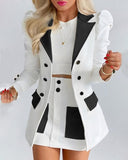 Puff Sleeve Blazer Coat & Buttoned Skirt Set