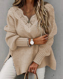 Contrast Lace Split Hem Long Sleeve Sweater