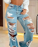 Zipper Fly Cutout Ripped Raw Hem Jeans