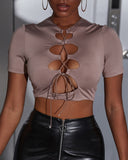 Cutout Lace Up Front Short Sleeve Crop Top