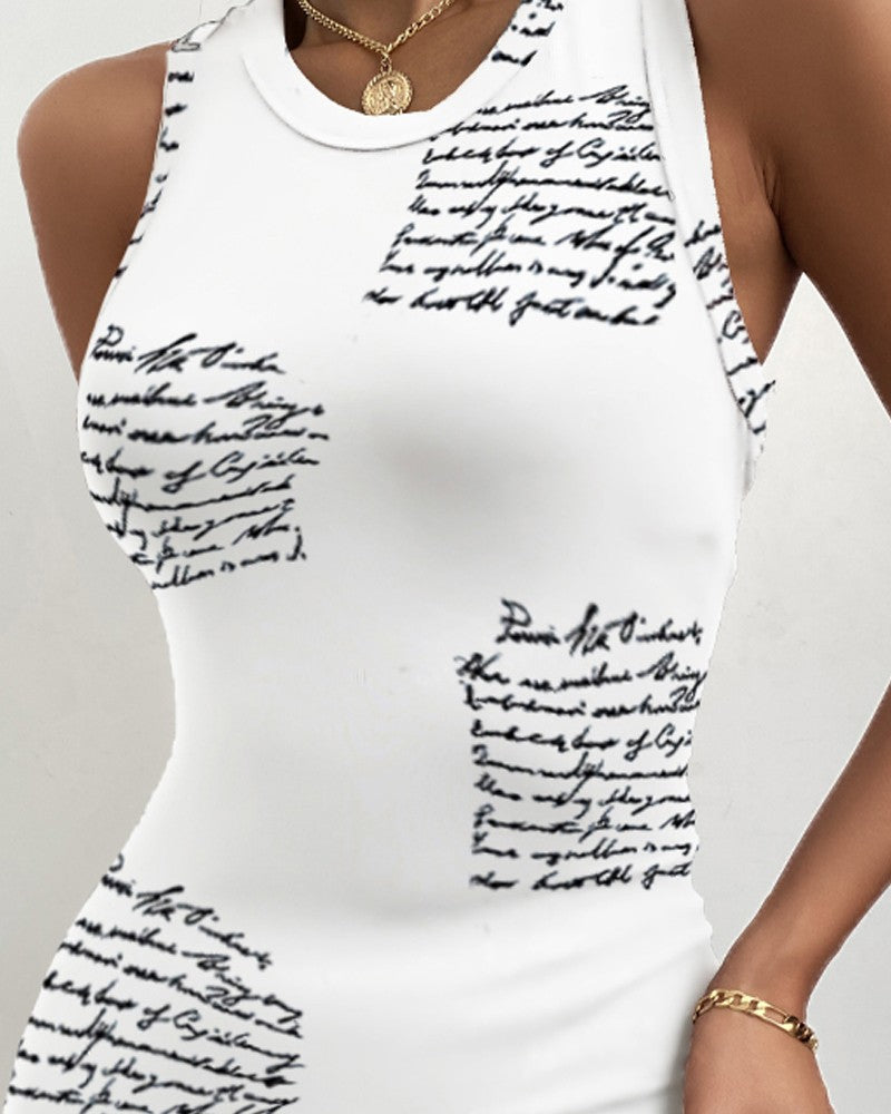 Letter Print Sleeveless Slit Bodycon Dress