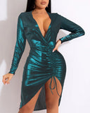 Drawstring Ruched Deep V Neck Party Dress