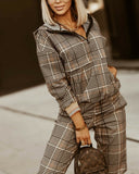 Plaid Print Zip Front Hoodie & Pants Set