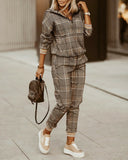 Plaid Print Zip Front Hoodie & Pants Set