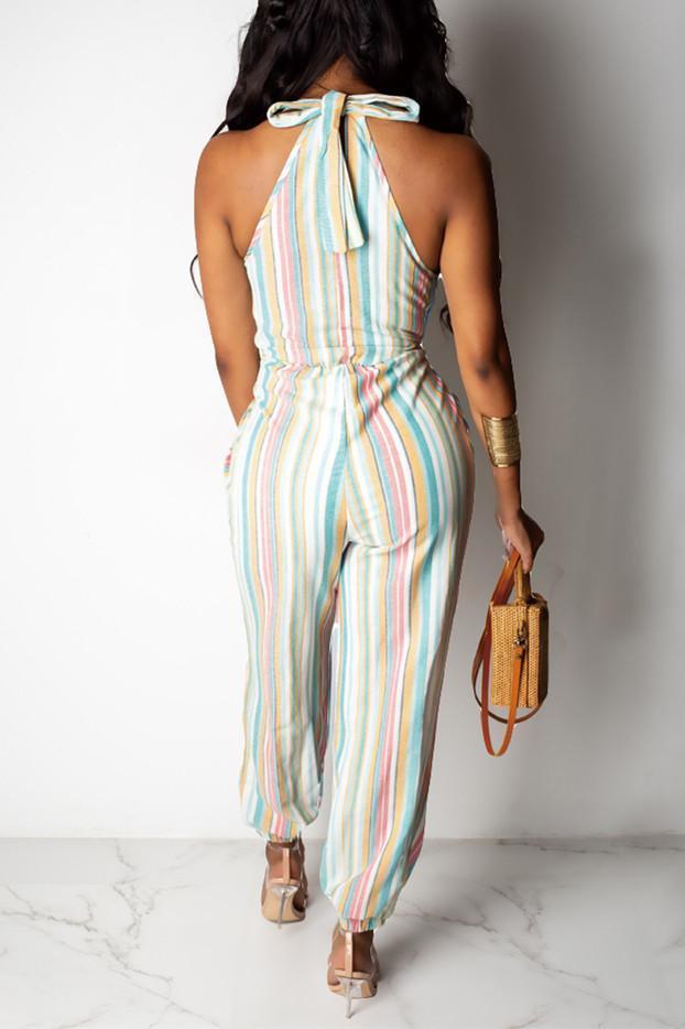 fashion casual striped print jumpsuit