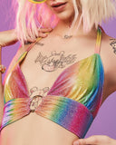 Halter Backless Rainbow Colorblock O Ring Crop Top