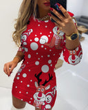Christmas Cartoon Elk Print Flocked Long Sleeve Dress