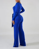 Ribbed Long Sleeve Tie Front Top & Bootcut Pants Set