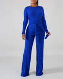 Ribbed Long Sleeve Tie Front Top & Bootcut Pants Set