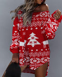 Christmas Tree Snowflake Elk Pattern High Low Split Hem Sweater Dress