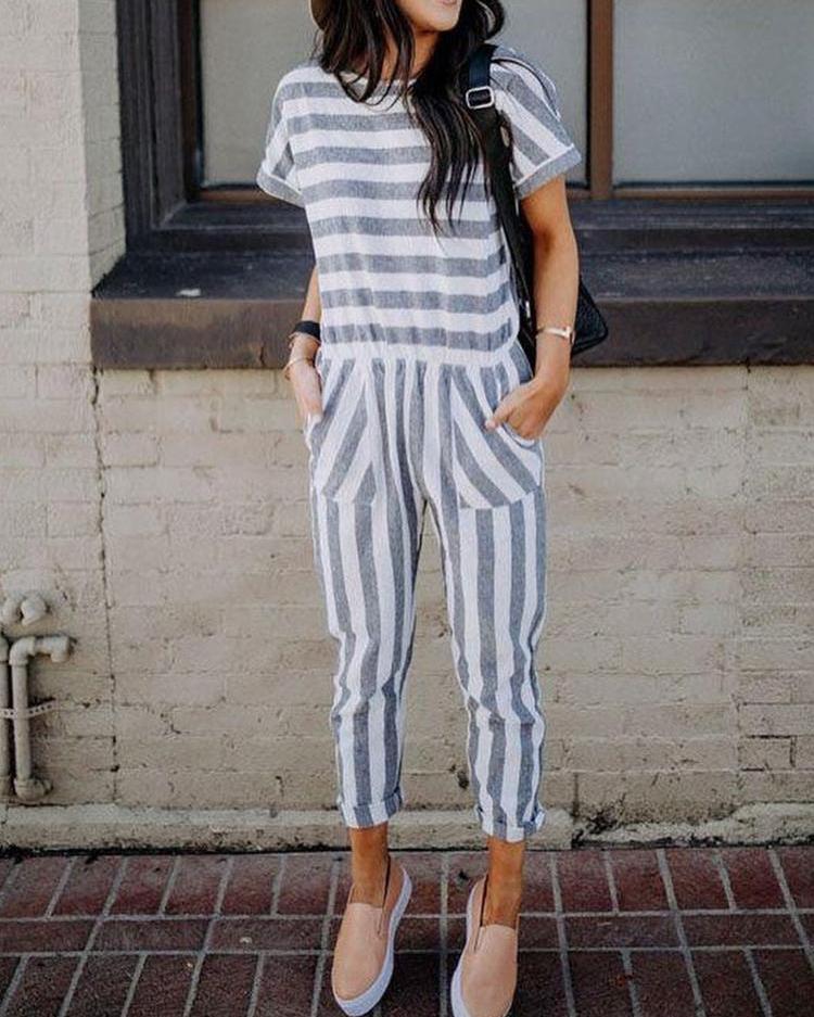 Casual Striped Patchwork Loose Jumpsuit