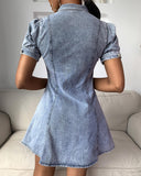 Knotted Design Buttoned Short Sleeve Denim Dress