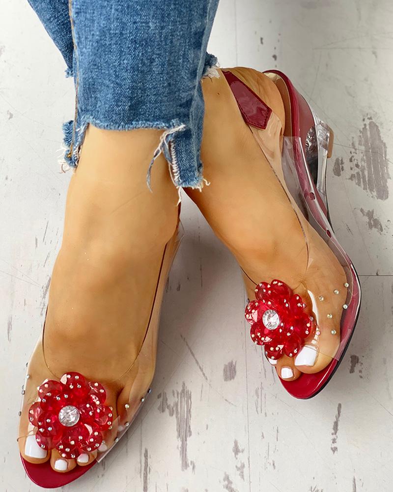 Rhinestone Flower Design Transparent Wedge Sandals