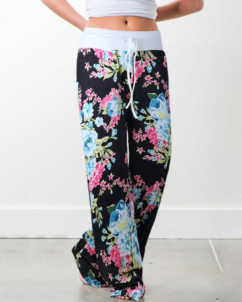 Floral Print Wide Leg Drawstring Pants