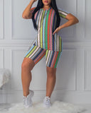 Colorful Striped Print Short Sleeve Top & Shorts Set