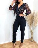 Sheer Mesh Floral Embroidery Long Sleeve Jumpsuit