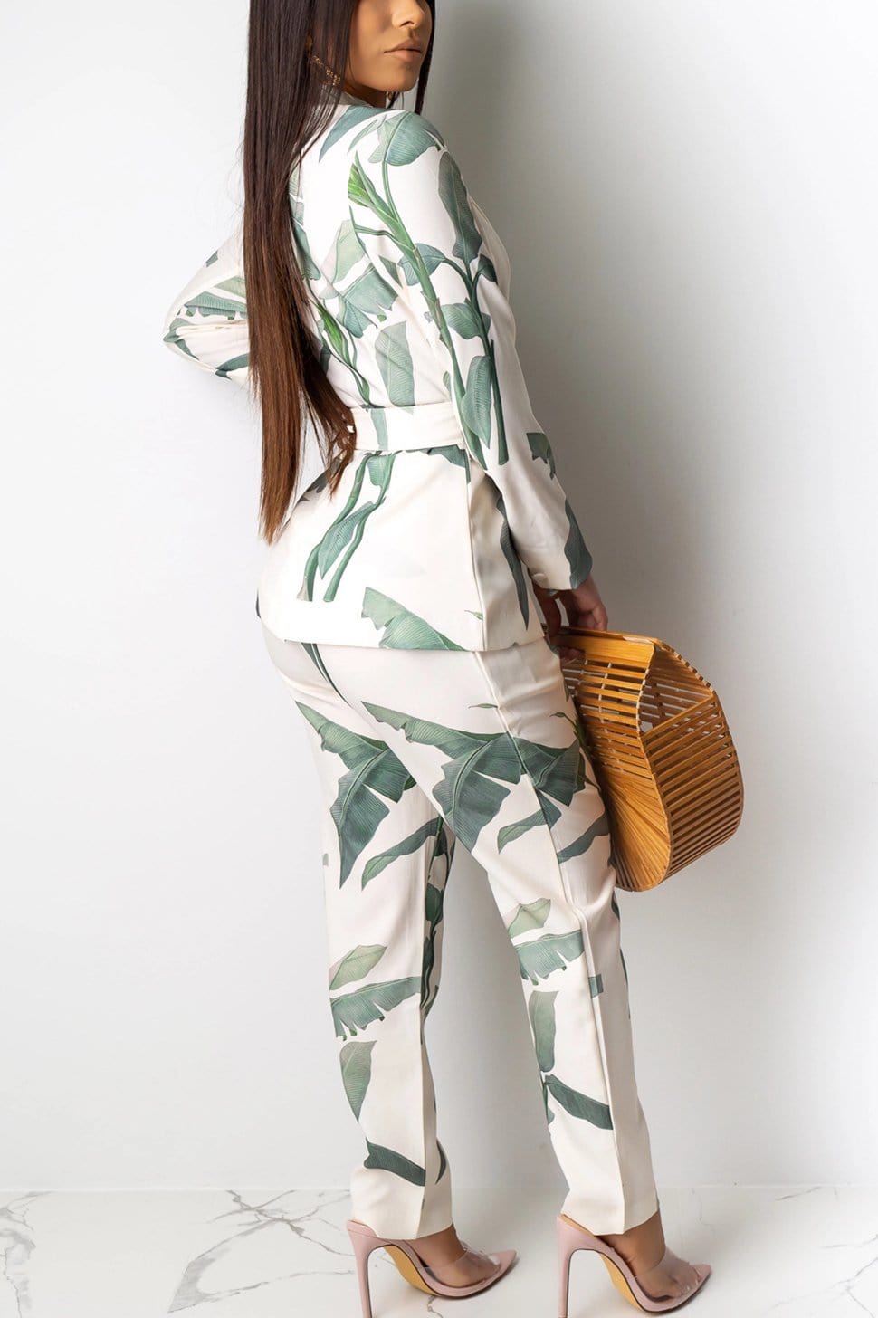 casual leaf print long sleeved two pieces set
