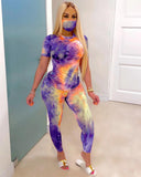 Tie Dye Print Casual Top & Pant Set With Face Cover