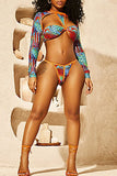 Sexy Print Hollowed Out Patchwork Swimsuit Three Piece Set (Without Paddings)