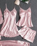 5PCS Contrast Lace Cami Set With Nightdress & Belted Robe