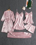 5PCS Contrast Lace Cami Set With Nightdress & Belted Robe