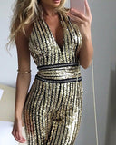 Plunge Sleeveless Allover Sequins Jumpsuit
