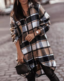 Plaid Print Zipper Front Strap Decor Hooded Coat