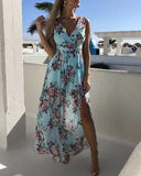 Floral Print V Neck High Slit Maxi Beach Dress