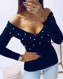 Beaded V Neck Long Sleeve Top