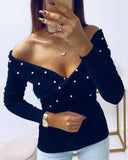 Beaded V Neck Long Sleeve Top