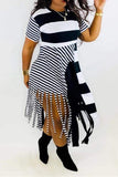 fashion round neck striped irregular tassel dress