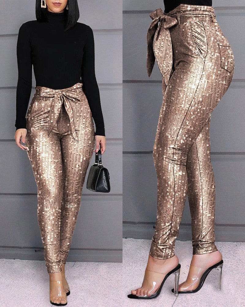 Glitter Sequins Belted Skinny Pants