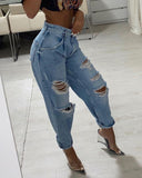 High Waist Pocket Design Ripped Cutout Jeans