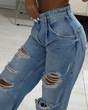 High Waist Pocket Design Ripped Cutout Jeans