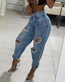 High Waist Pocket Design Ripped Cutout Jeans