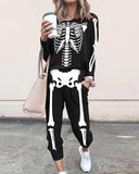 Halloween Skeleton Print Top & Pocket Design Pants Set