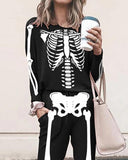 Halloween Skeleton Print Top & Pocket Design Pants Set