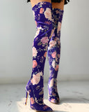 Floral Print Thin Heeled Thigh High Boots