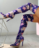 Floral Print Thin Heeled Thigh High Boots