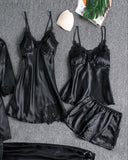 5PCS Contrast Lace Cami Set With Nightdress & Belted Robe