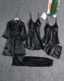 5PCS Contrast Lace Cami Set With Nightdress & Belted Robe