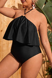 Sexy Solid Bandage Patchwork Backless Halter Plus Size Swimwear (With Paddings)