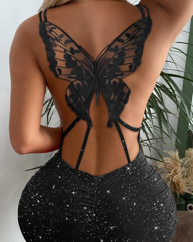 Glitter Butterfly Pattern Hollow Out Bodycon Dress