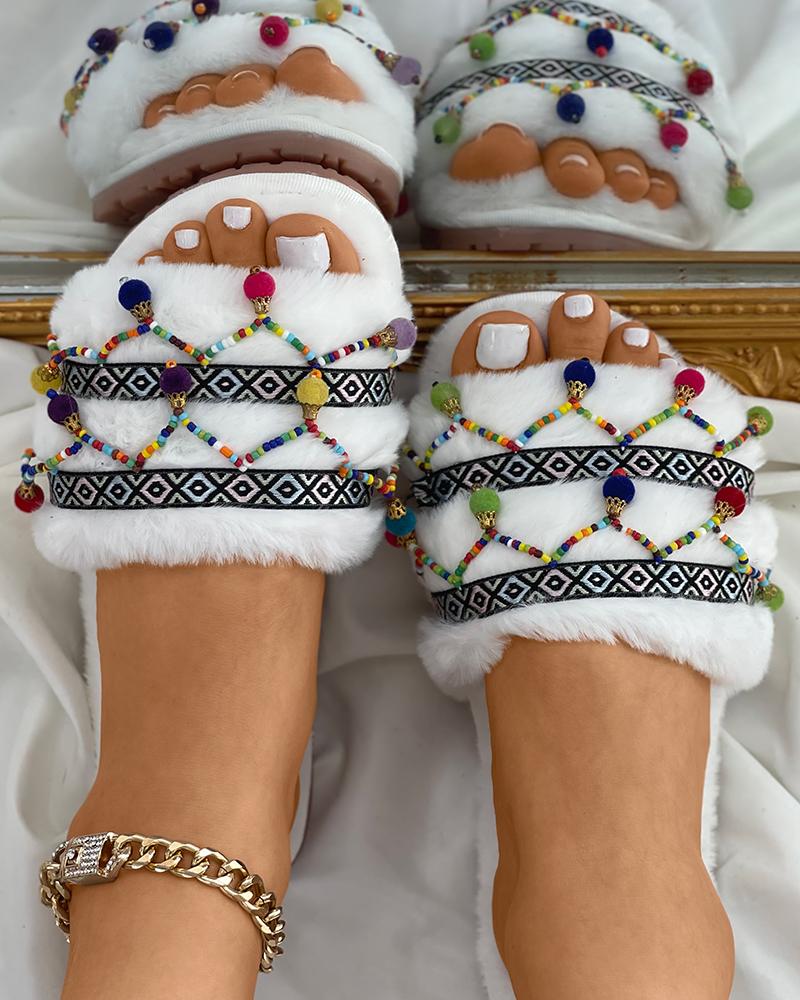 Colorful Beaded Decor Embroidery Fluffy Slippers