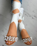 Beaded Ribbon Peep Toe Flat Sandals