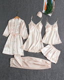 5PCS Contrast Lace Cami Set With Nightdress & Belted Robe