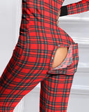 Plaid Functional Buttoned Flap Adults Pajamas